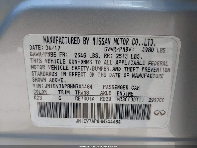 46156374 :رقم المزاد ، JN1EV7AP8HM744464 vin ، 2017 Infiniti Q50 3.0t Premium مزاد بيع