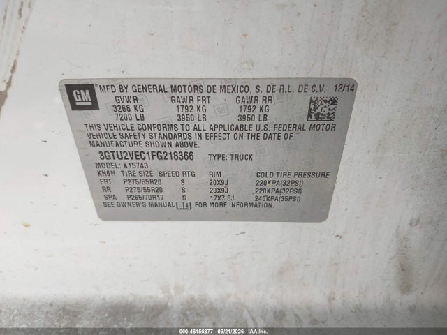 Aukcja sprzedaży 2015 Gmc Sierra 1500 Slt, vin: 3GTU2VEC1FG218366, numer aukcji: 46156377