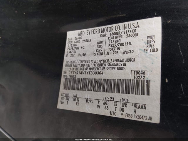 Auction sale of the 2000 Ford Ranger Xl/xlt, vin: 1FTYR14V1YTB30304, lot number: 46156390