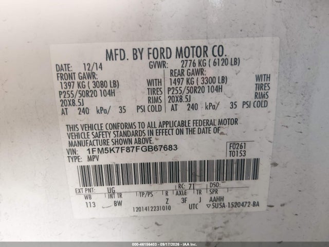 Ford Explorer Limited 2015 1FM5K7F87FGB67683 Image 9
