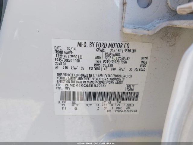 46156409 :رقم المزاد ، 2FMDK4KC9EBB29351 vin ، 2014 Ford Edge Limited مزاد بيع
