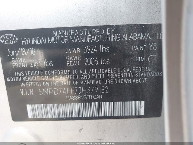 46156411 :رقم المزاد ، 5NPD74LF7JH379152 vin ، 2018 Hyundai Elantra Se مزاد بيع