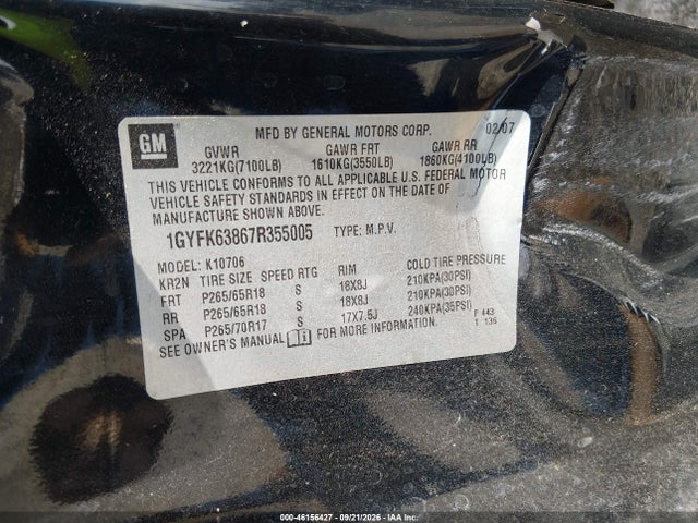 Продаж на аукціоні авто 2007 Cadillac Escalade Standard, vin: 1GYFK63867R355005, номер лоту: 46156427