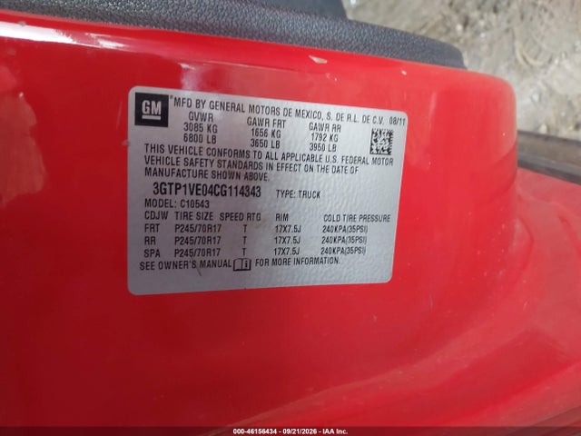 Продаж на аукціоні авто 2012 Gmc Sierra 1500 Sle, vin: 3GTP1VE04CG114343, номер лоту: 46156434