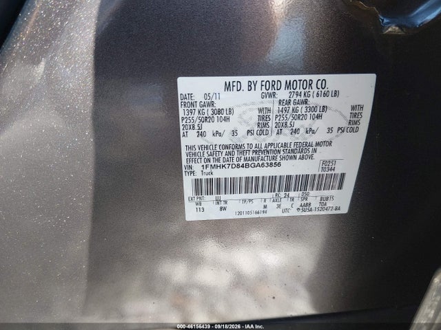 2011 Ford Explorer Xlt მანქანა იყიდება აუქციონზე, vin: 1FMHK7D84BGA63856, აუქციონის ნომერი: 46156439