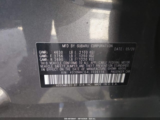 2020 Subaru Legacy Premium მანქანა იყიდება აუქციონზე, vin: 4S3BWAC64L3026116, აუქციონის ნომერი: 46156441