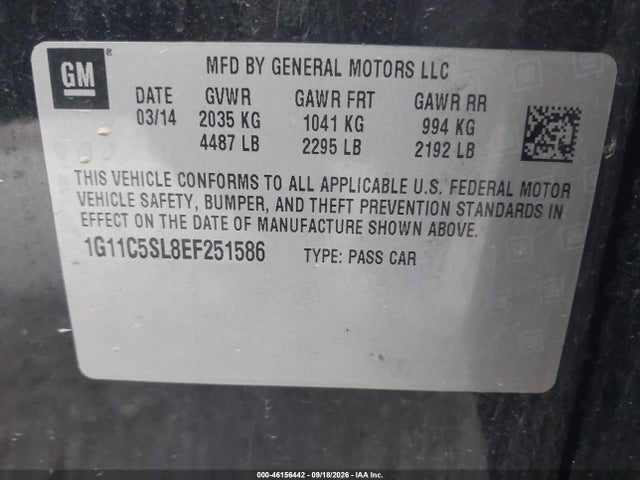 Продаж на аукціоні авто 2014 Chevrolet Malibu 1lt, vin: 1G11C5SL8EF251586, номер лоту: 46156442