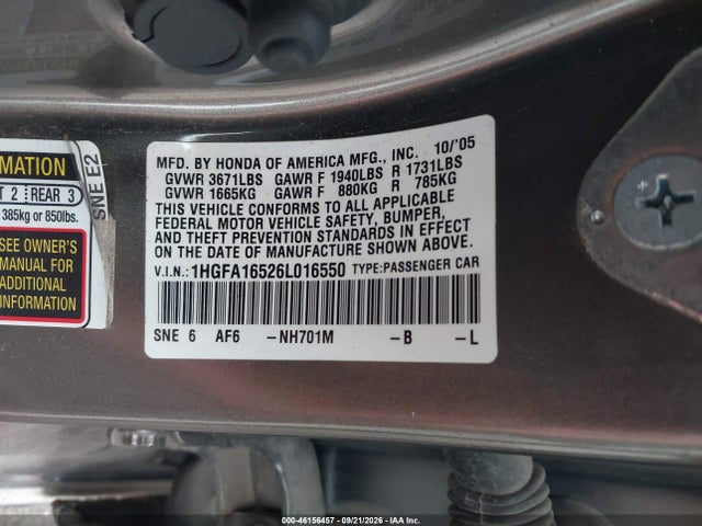 46156457 :رقم المزاد ، 1HGFA16526L016550 vin ، 2006 Honda Civic Lx مزاد بيع