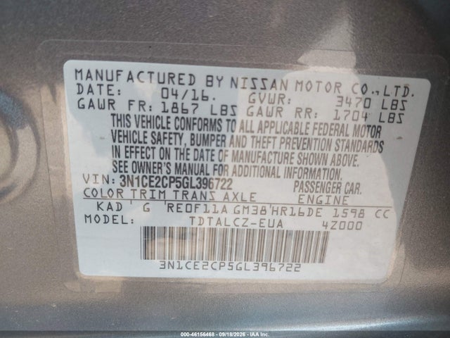 Aukcja sprzedaży 2016 Nissan Versa Note S Plus, vin: 3N1CE2CP5GL396722, numer aukcji: 46156468
