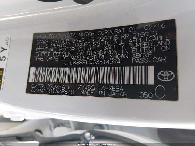 Toyota Prius Two 2016 JTDKBRFU4G3514394 Image 9