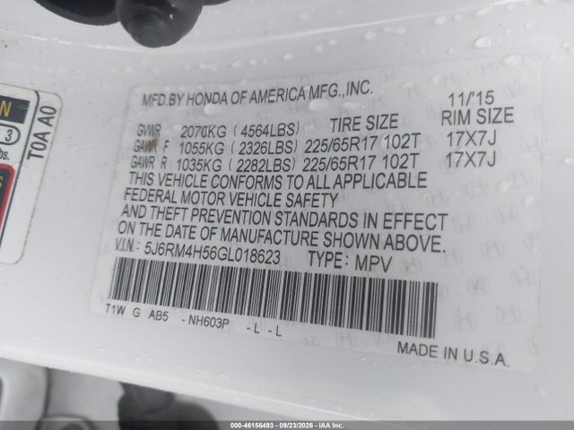 2016 Honda Cr-v Ex მანქანა იყიდება აუქციონზე, vin: 5J6RM4H56GL018623, აუქციონის ნომერი: 46156493