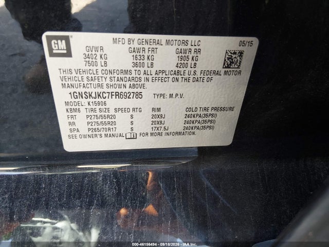 Aukcja sprzedaży 2015 Chevrolet Suburban 1500 Lt, vin: 1GNSKJKC7FR692785, numer aukcji: 46156494