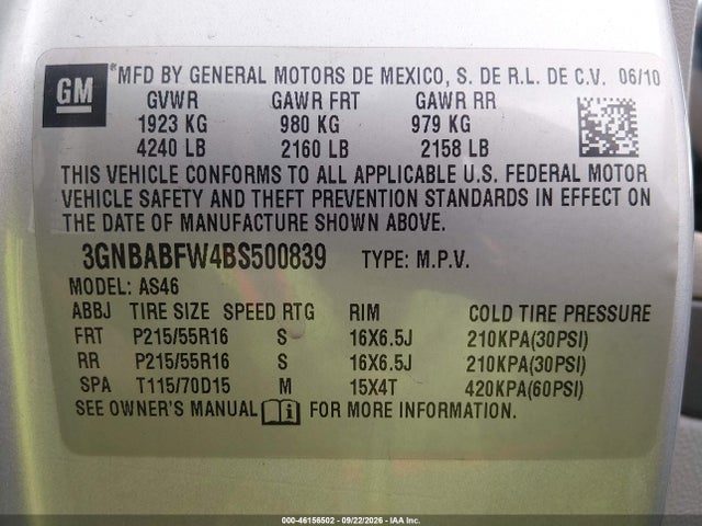 Aukcja sprzedaży 2011 Chevrolet Hhr Lt, vin: 3GNBABFW4BS500839, numer aukcji: 46156502