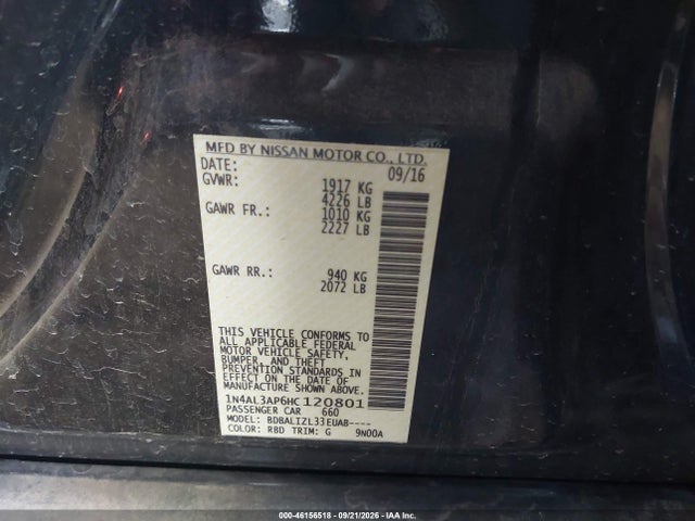 46156518 :رقم المزاد ، 1N4AL3AP6HC120801 vin ، 2017 Nissan Altima 2.5/2.5 S/2.5 Sl/2.5 Sr/2.5 Sv مزاد بيع