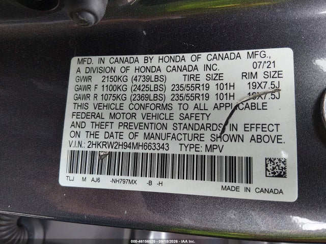 46156525 :رقم المزاد ، 2HKRW2H94MH663343 vin ، 2021 Honda Cr-v Touring مزاد بيع