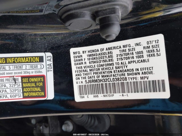 46156537 :رقم المزاد ، 5J6RM3H32CL038208 vin ، 2012 Honda Cr-v Lx مزاد بيع