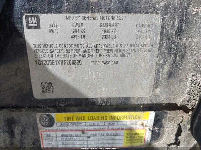 46156540 :رقم المزاد ، 1G1ZC5E1XBF200339 vin ، 2011 Chevrolet Malibu 1lt مزاد بيع
