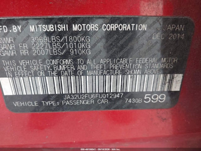 Aukcja sprzedaży 2015 Mitsubishi Lancer Es, vin: JA32U2FU6FU012947, numer aukcji: 46156541