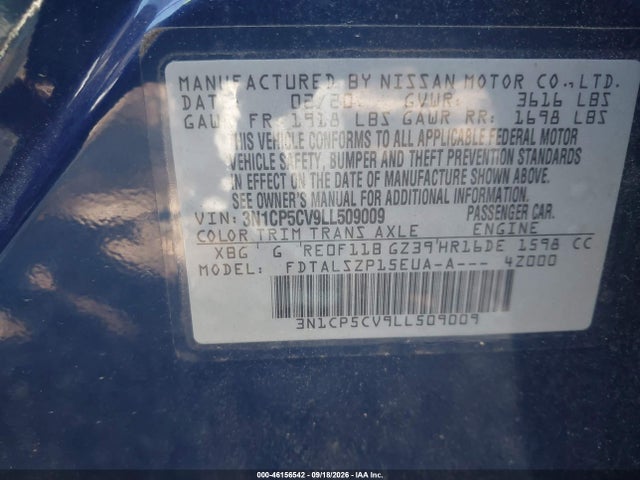 2020 Nissan Kicks Sv Xtronic Cvt მანქანა იყიდება აუქციონზე, vin: 3N1CP5CV9LL509009, აუქციონის ნომერი: 46156542