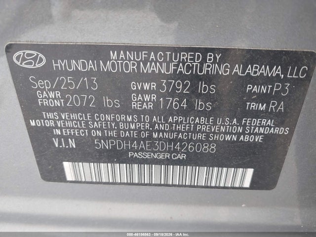 46156563 :رقم المزاد ، 5NPDH4AE3DH426088 vin ، 2013 Hyundai Elantra Gls مزاد بيع