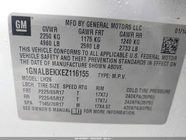 Aukcja sprzedaży 2014 Chevrolet Equinox Lt, vin: 1GNALBEKXEZ116155, numer aukcji: 46156571