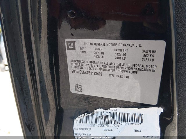 46156577 :رقم المزاد ، 2G1WG5EK7B1173429 vin ، 2011 Chevrolet Impala Lt مزاد بيع