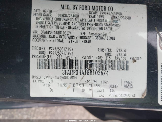 Продаж на аукціоні авто 2011 Ford Fusion Se, vin: 3FAHP0HA1BR103674, номер лоту: 46156583