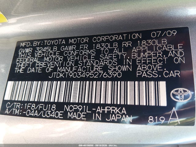 Продаж на аукціоні авто 2009 Toyota Yaris, vin: JTDKT903495276390, номер лоту: 46156588