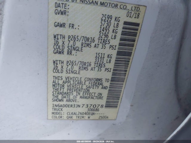 46156595 :رقم المزاد ، 1N6AD0ER3JN737078 vin ، 2018 Nissan Frontier Sv مزاد بيع