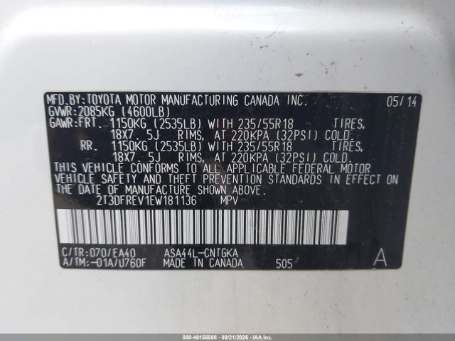 Aukcja sprzedaży 2014 Toyota Rav4 Limited, vin: 2T3DFREV1EW181136, numer aukcji: 46156598