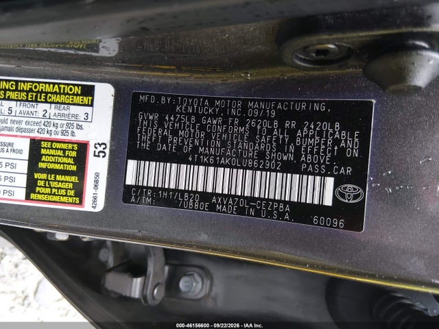 2020 Toyota Camry Xse მანქანა იყიდება აუქციონზე, vin: 4T1K61AK0LU862902, აუქციონის ნომერი: 46156600