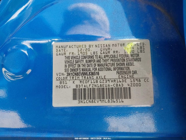 2021 Nissan Versa Sv მანქანა იყიდება აუქციონზე, vin: 3N1CN8EV9ML836516, აუქციონის ნომერი: 46156606