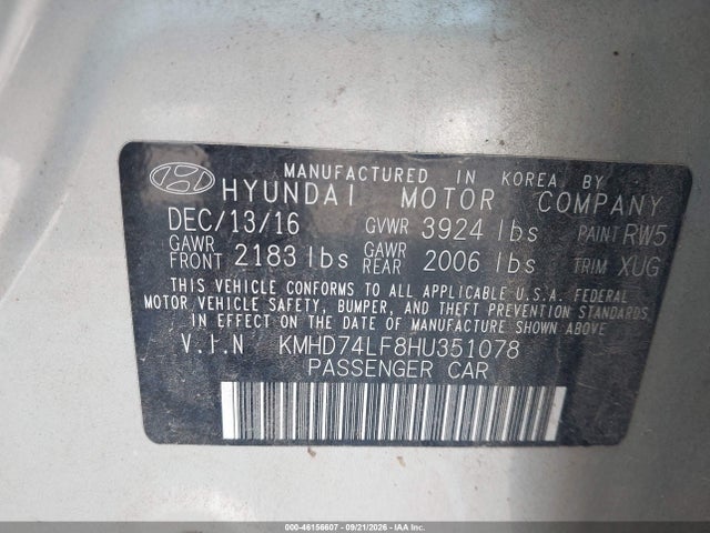 Продажа на аукционе авто 2017 Hyundai Elantra Se, vin: KMHD74LF8HU351078, номер лота: 46156607