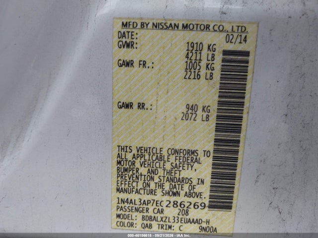 Aukcja sprzedaży 2014 Nissan Altima 2.5 Sl, vin: 1N4AL3AP7EC286269, numer aukcji: 46156618