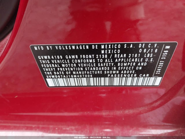 Aukcja sprzedaży 2016 Volkswagen Jetta 1.4t Se, vin: 3VWD67AJ1GM407006, numer aukcji: 46156624