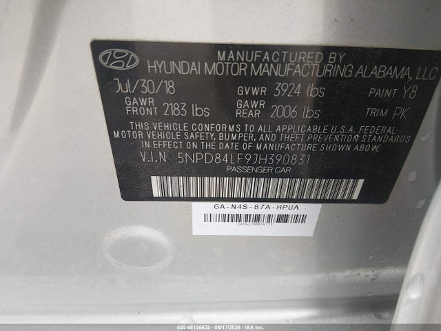 Продаж на аукціоні авто 2018 Hyundai Elantra Sel, vin: 5NPD84LF9JH390831, номер лоту: 46156625