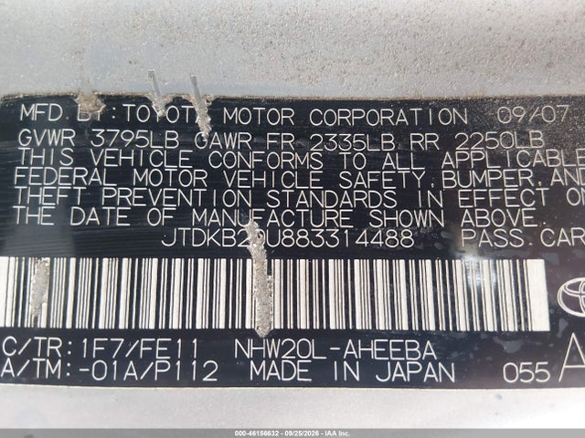 2008 Toyota Prius მანქანა იყიდება აუქციონზე, vin: JTDKB20U883314488, აუქციონის ნომერი: 46156632