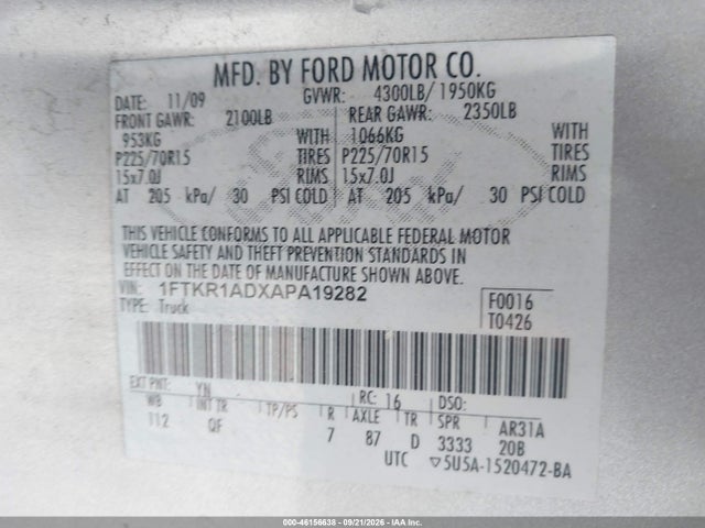 2010 Ford Ranger Xl/xlt მანქანა იყიდება აუქციონზე, vin: 1FTKR1ADXAPA19282, აუქციონის ნომერი: 46156638