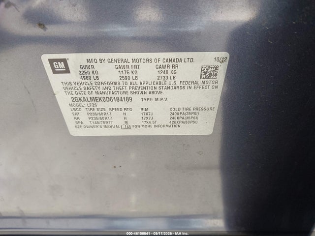 Aukcja sprzedaży 2013 Gmc Terrain Sle-1, vin: 2GKALMEK0D6184189, numer aukcji: 46156641