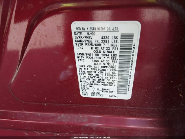 2010 Nissan Rogue Sl მანქანა იყიდება აუქციონზე, vin: JN8AS5MT7AW006624, აუქციონის ნომერი: 46156645