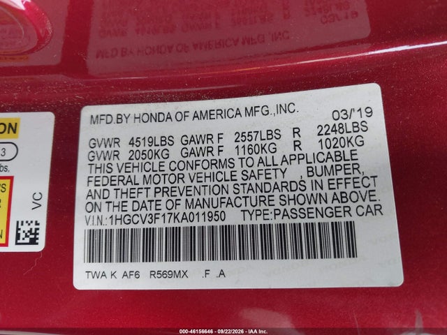 Aukcja sprzedaży 2019 Honda Accord Hybrid, vin: 1HGCV3F17KA011950, numer aukcji: 46156646