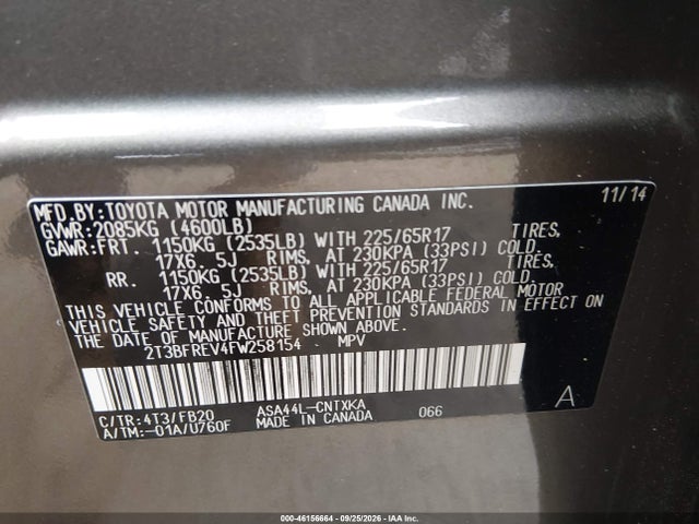 2015 Toyota Rav4 Le მანქანა იყიდება აუქციონზე, vin: 2T3BFREV4FW258154, აუქციონის ნომერი: 46156664