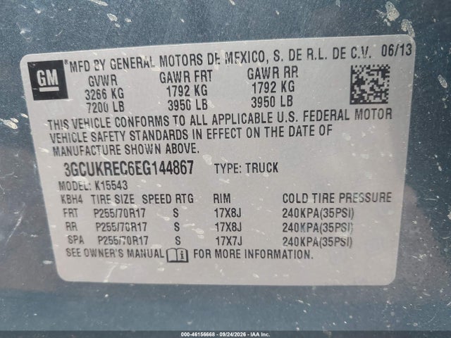 46156668 :رقم المزاد ، 3GCUKREC6EG144867 vin ، 2014 Chevrolet Silverado 1500 1lt مزاد بيع