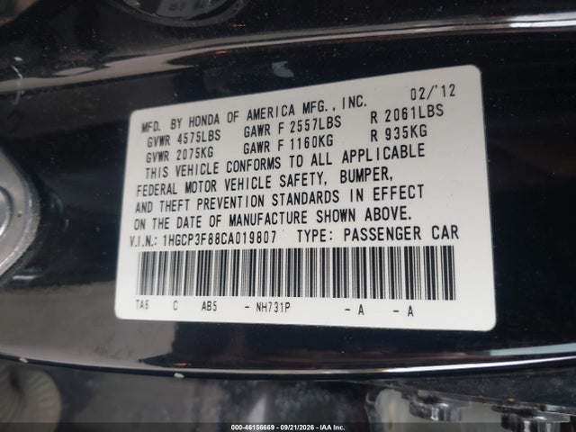 Продаж на аукціоні авто 2012 Honda Accord 3.5 Ex-l, vin: 1HGCP3F88CA019807, номер лоту: 46156669