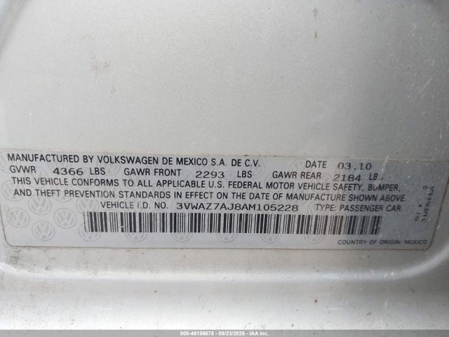 Aukcja sprzedaży 2010 Volkswagen Jetta Limited Edition, vin: 3VWAZ7AJ8AM105228, numer aukcji: 46156678