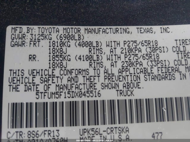 Aukcja sprzedaży 2013 Toyota Tundra Grade 4.6l V8, vin: 5TFUM5F15DX045516, numer aukcji: 46156694