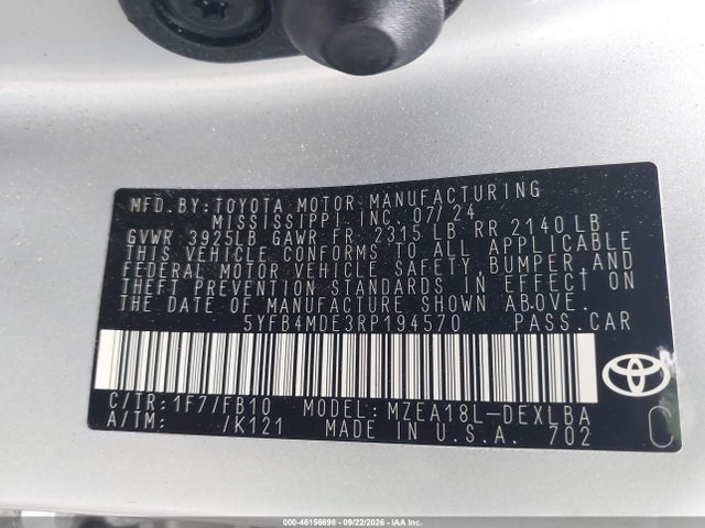 Продаж на аукціоні авто 2024 Toyota Corolla Le, vin: 5YFB4MDE3RP194570, номер лоту: 46156698