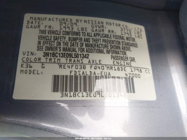 46156718 :رقم المزاد ، 3N1BC13E09L501342 vin ، 2009 Nissan Versa 1.8s مزاد بيع