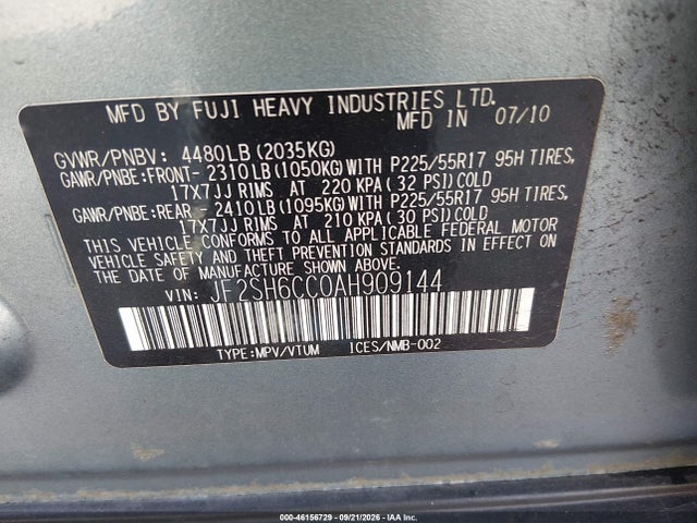 Aukcja sprzedaży 2010 Subaru Forester 2.5x Premium, vin: JF2SH6CC0AH909144, numer aukcji: 46156729