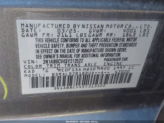 46156732 :رقم المزاد ، 3N1AB8CV4SY313522 vin ، 2025 Nissan Sentra Sv مزاد بيع